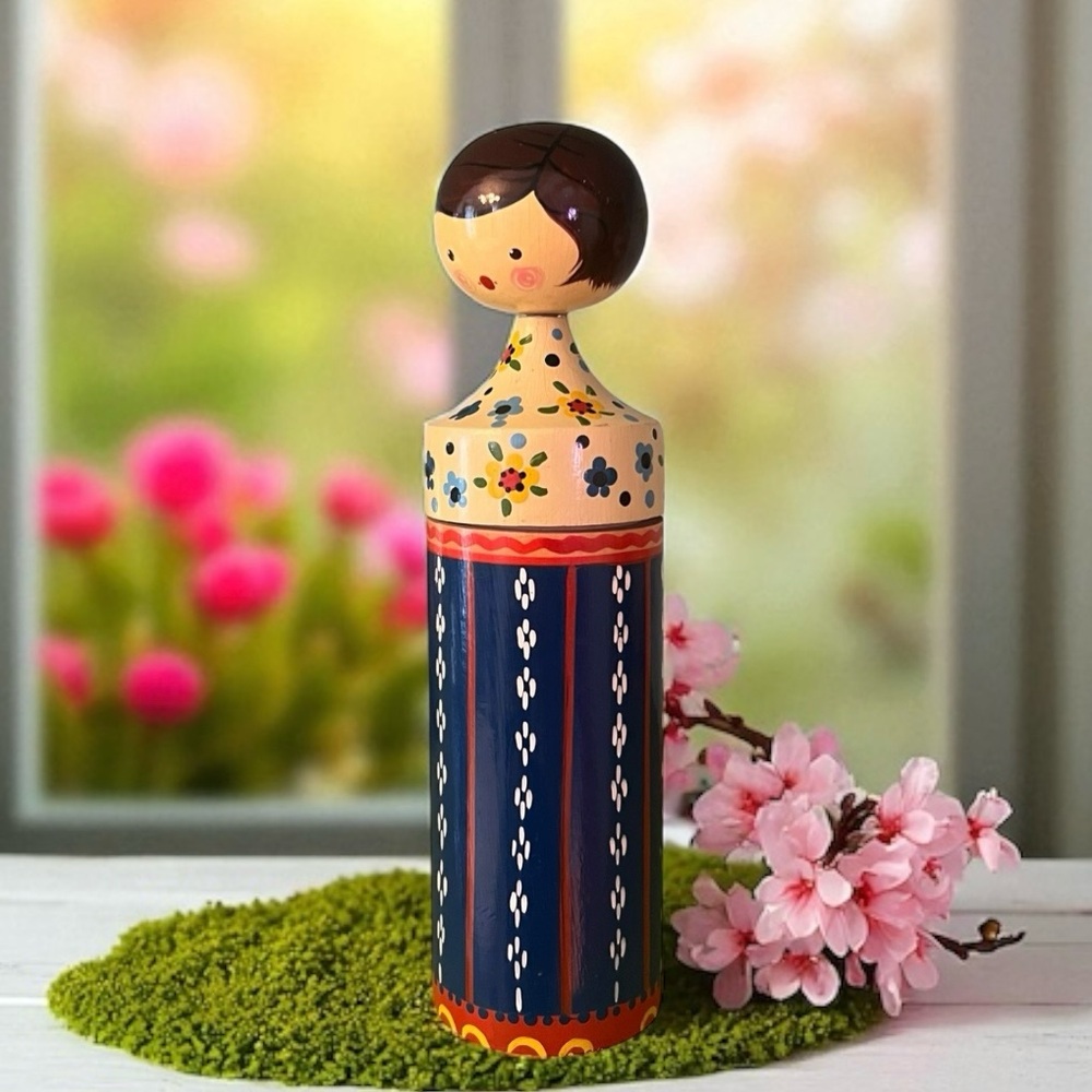 Vintage Salvo USSR Folk Art Wooden Hand Painted Girl Figurine Vessel 7.75”
